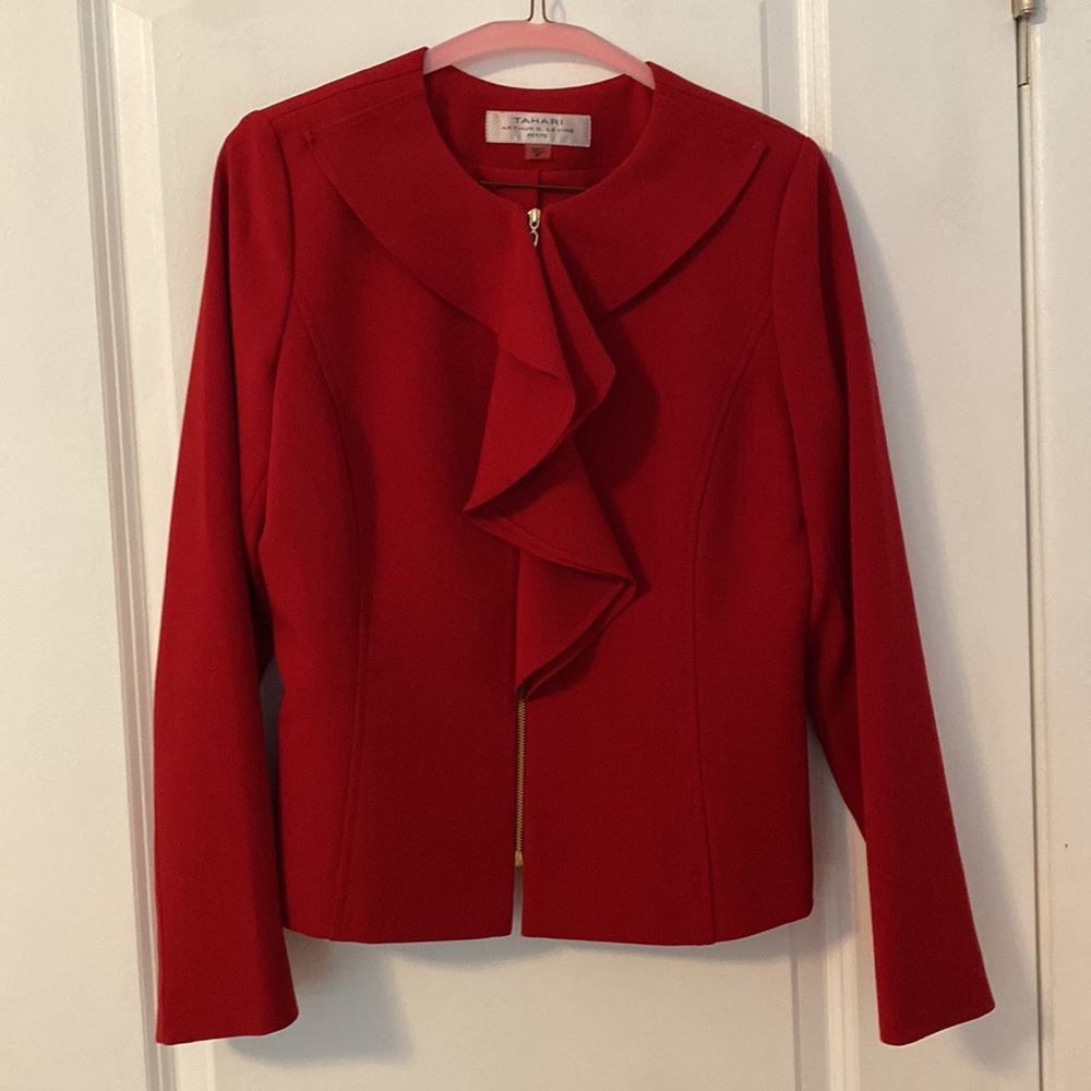 Tahari Red Blazer Skirt Suit Set - Picture 2 of 5